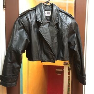 Upcycled design cropped black leather jacket from ‘80s G-III overcoat